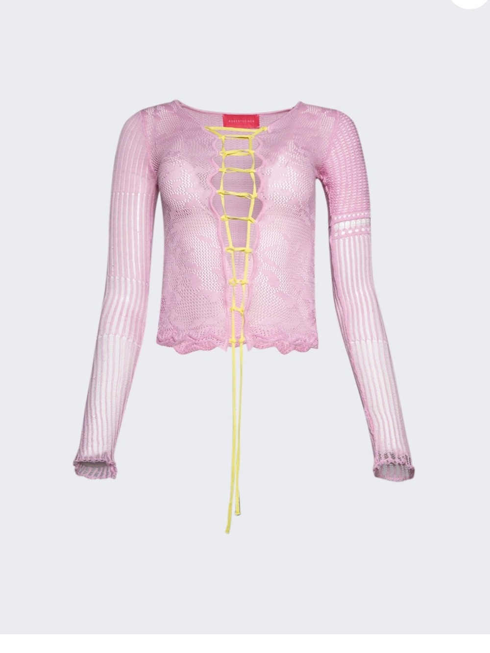 Roberta Einer Pink Lace-Up Crochet Long Sleeve Top with Yellow Tie